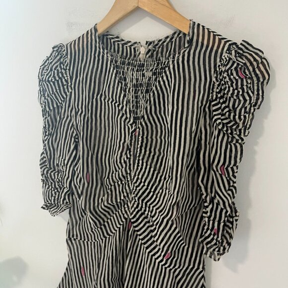 Isabel Marant Black & White Stripe Ruffle Sleeve V Neck Blouse Size 34 - Picture 2 of 6